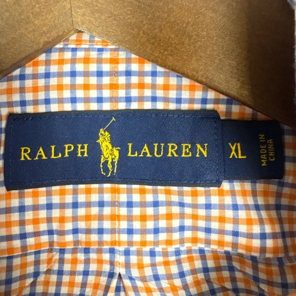 Ralph Lauren Button Down Mens XL Orange Blue Check Long Sleeve Cotton Shirt 0400